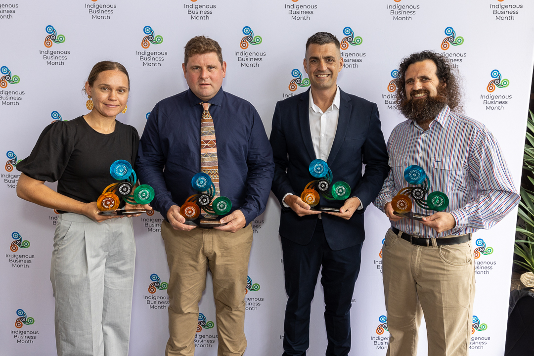 Indigenous Business Month 2024 Award winners, Deborah Hoger, Riley (i2i Award), Mike Prien, (Regional Indigenous Business Award), Aron Kurzydlo, (Ingenuity Award), and Adam Wooding, (Indigenous Digital Inventiveness Award). 