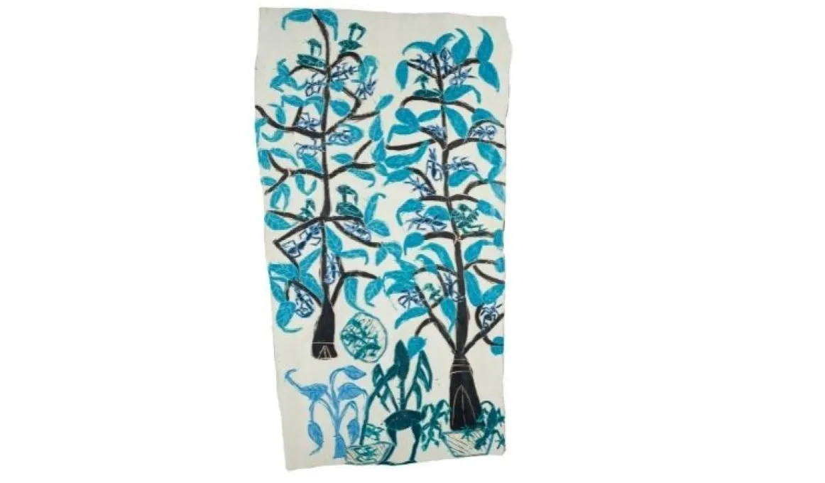 A large bark painting over two metres tall. On a white background, two trees with blue leaves and black trunks stand side by side. Amongst the leaves and branches are bees and other insects painted blue. Under the trees are more plants painted in shades o