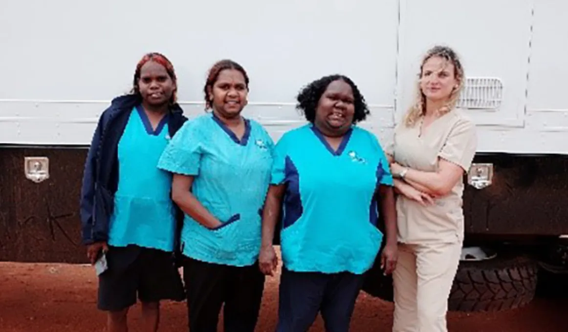 1.	Urapuntja Health Service practitioner trainees Nellasha Stirling (left), Nicole Jones (centre left) and Tessa Ross (centre right), with Urapuntja Health Service CEO Melissa Hinson (right).