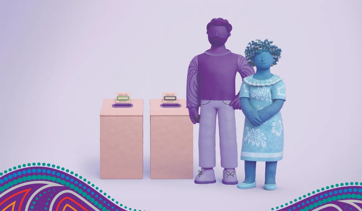Two people stand next to two voting boxes