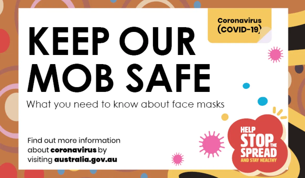 White tile on a colourful background. Words on the tile say: Keep our mob safe. What you need to know about face masks. Find out more information about coronavirus by visiting australia.gov.au. A log at bottom right says: help stop the spread.