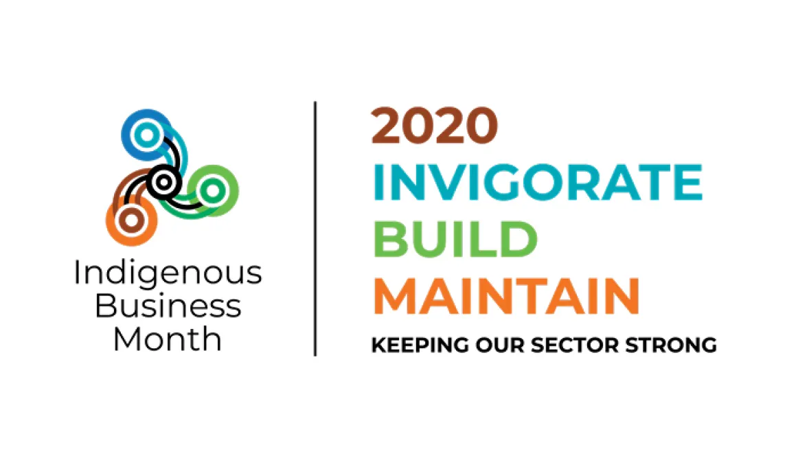 White tile with the words: 2020 Invigorate build maintain keeping our sector strong. Indigenous business month. a logo with circles connecting by wavy lines is at left.