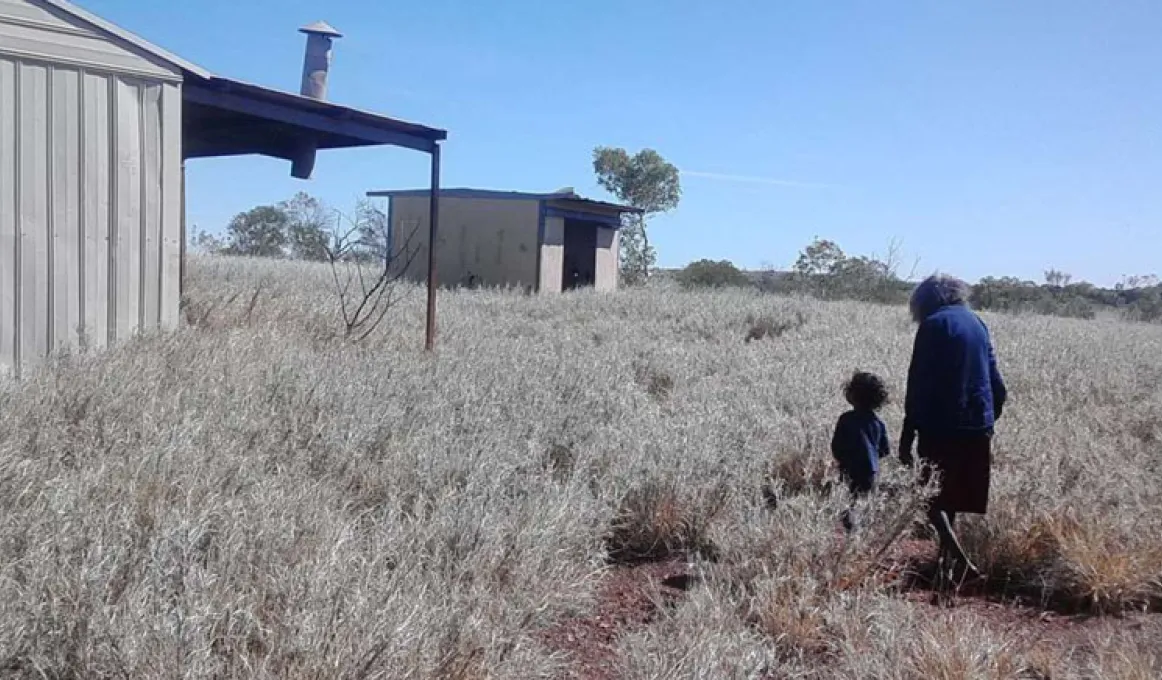 In the grassy scrub there is an old woman in a blue cardigan walking with a young child in a blue t-shirt towards some buildings.