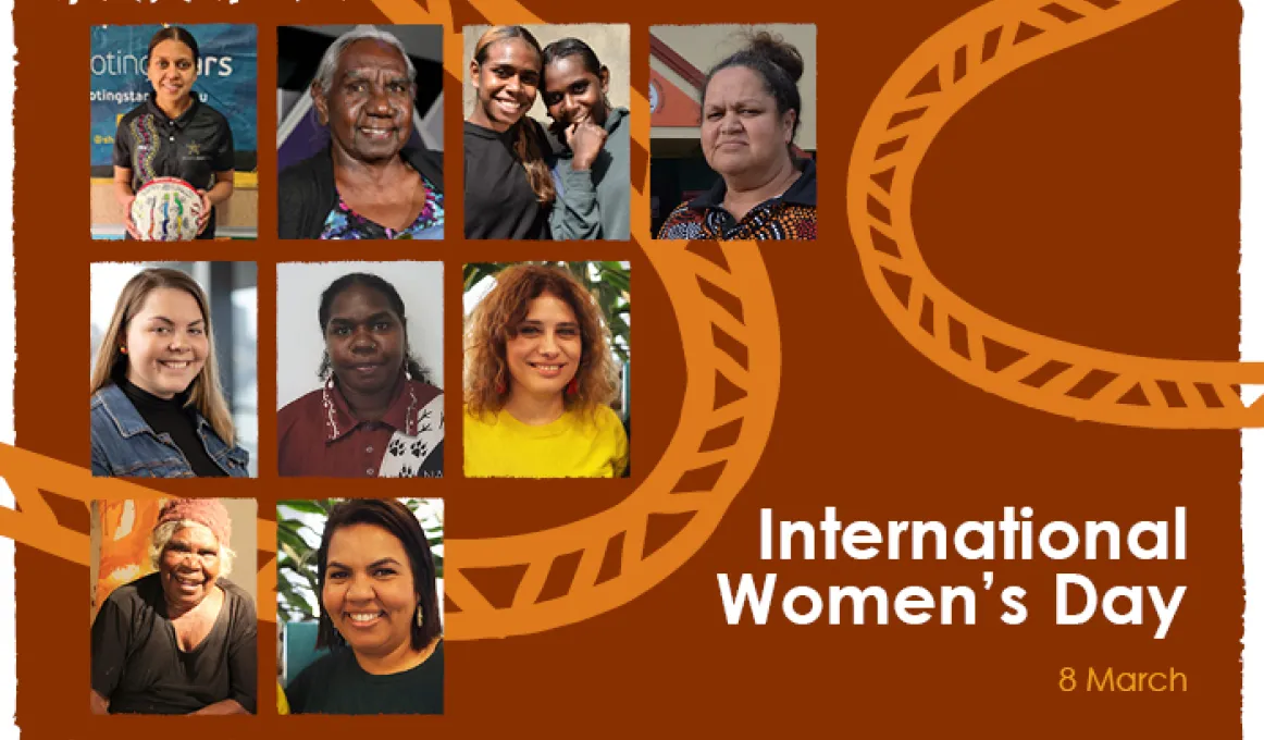 Large ochre coloured tile with multiple images of Indigenous women, some Indigenous designs and the following text: International Women’s Day 8 March.