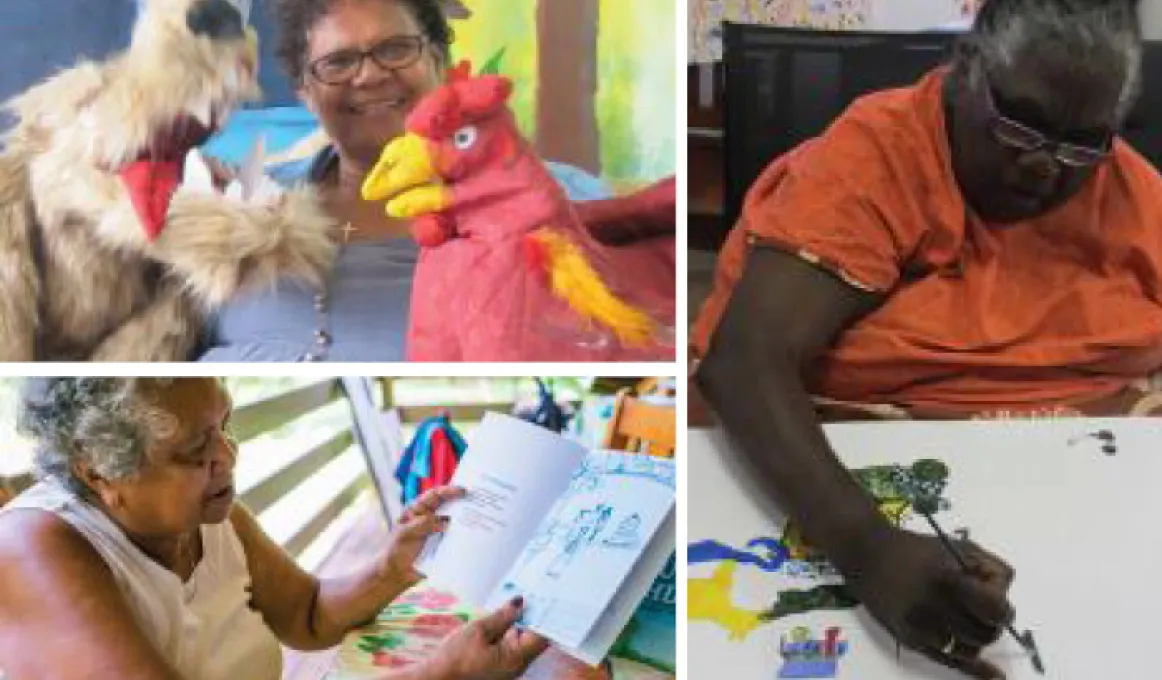 A composite of four images including mature women holding puppets, reading a book and painting. The 4th image is of a book opened up on a desk.