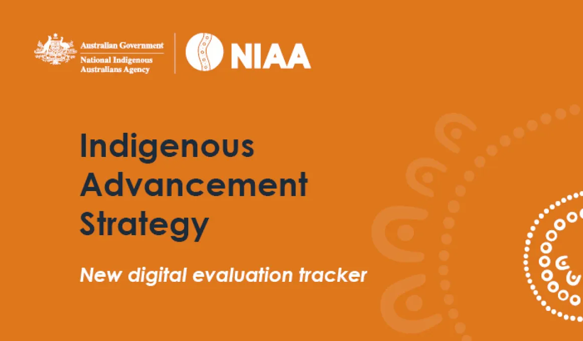 Orange coloured tile with the text: Indigenous Advancement Strategy New digital evaluation tracker. At top left are two logos in white text and at bottom right are some dots and semi-circles arranged in a pattern.