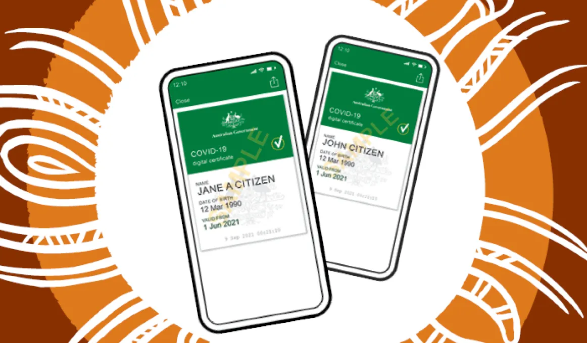 Drawings of two smartphones, each showing a sample COVID-19 digital certificate for John Citizen and Jane Citizen. In the background are circular and line drawings.