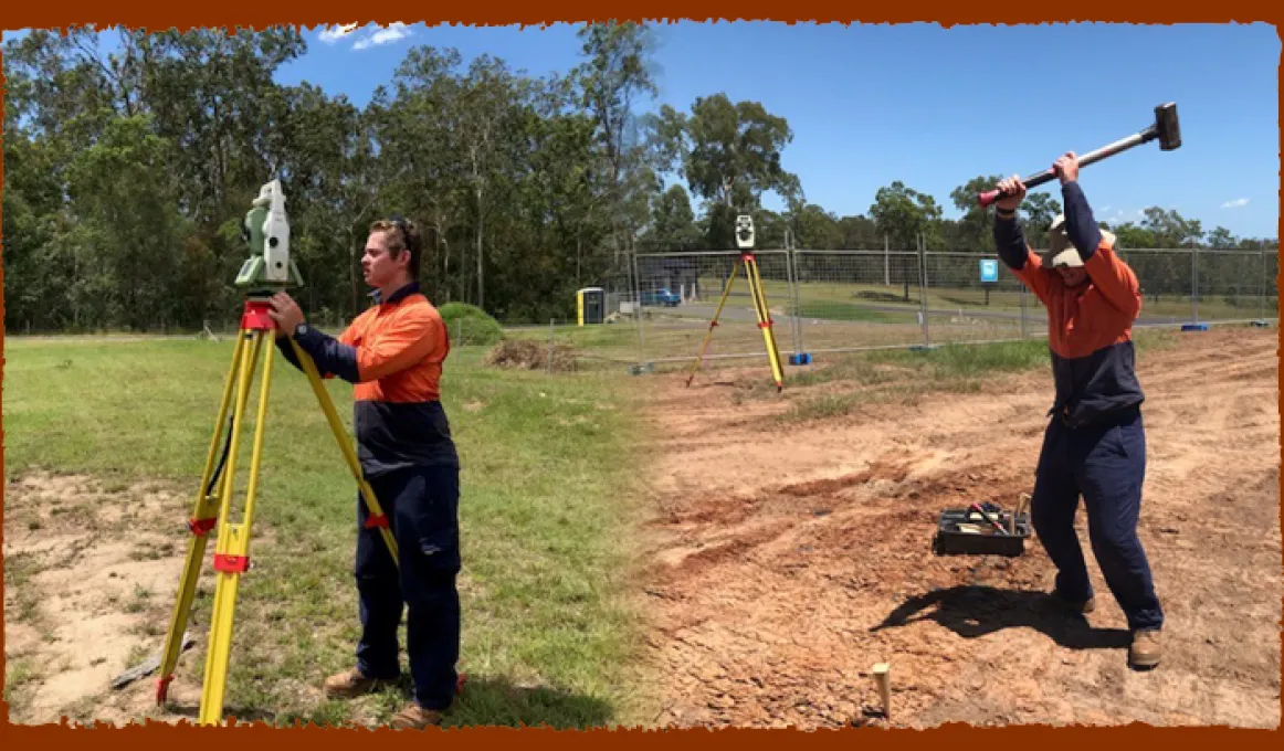 Two images stitched together. At left is a young adult man standing behind a surveyor’s tripod. In the background is grass and trees. At right the same man holds a sledge hammer above his head and below him is a peg in the ground.