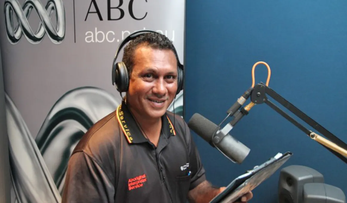 The Aboriginal Interpreter Service’s Derek Hunt at the Darwin ABC studios recording a news bulletin in Yolngu Matha.