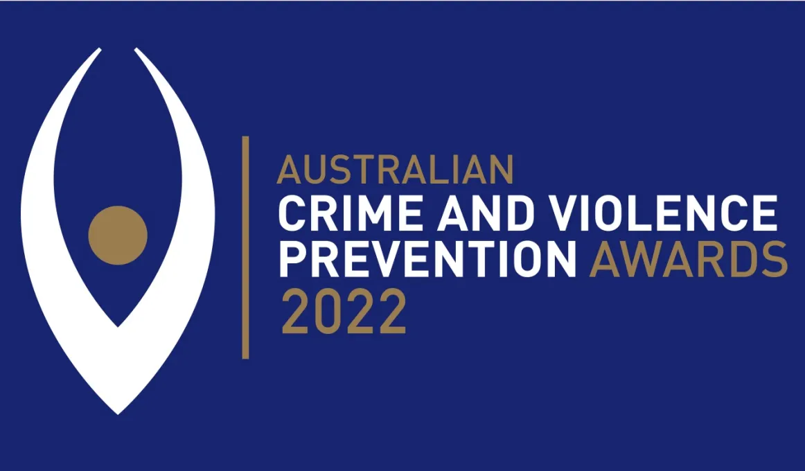 A blue tile with a large white and gold logo at left. At right are the words: Australian Crime and Violence Prevention Awards 2022