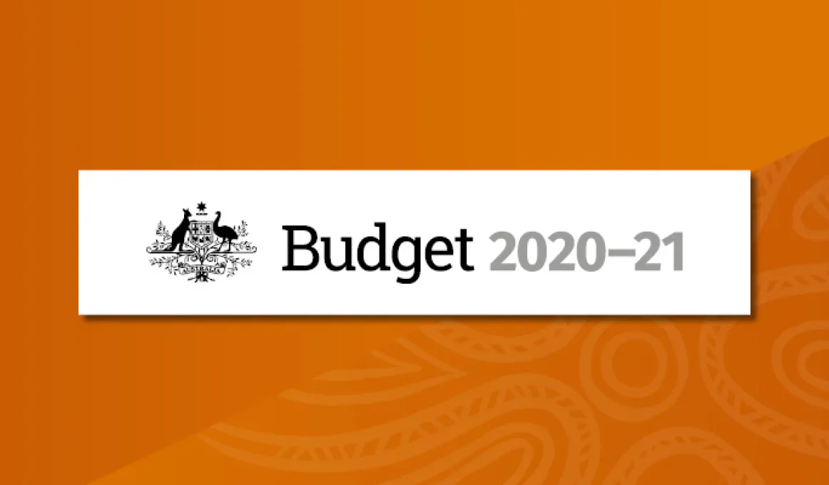 On an orange background, there is a white rectangle containing the Australian Government crest and the words budget 2020 to 2021