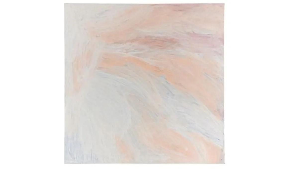 A pale painting incorporating white, blue, ochre and red wispy brush strokes running predominantly from top left to bottom right.