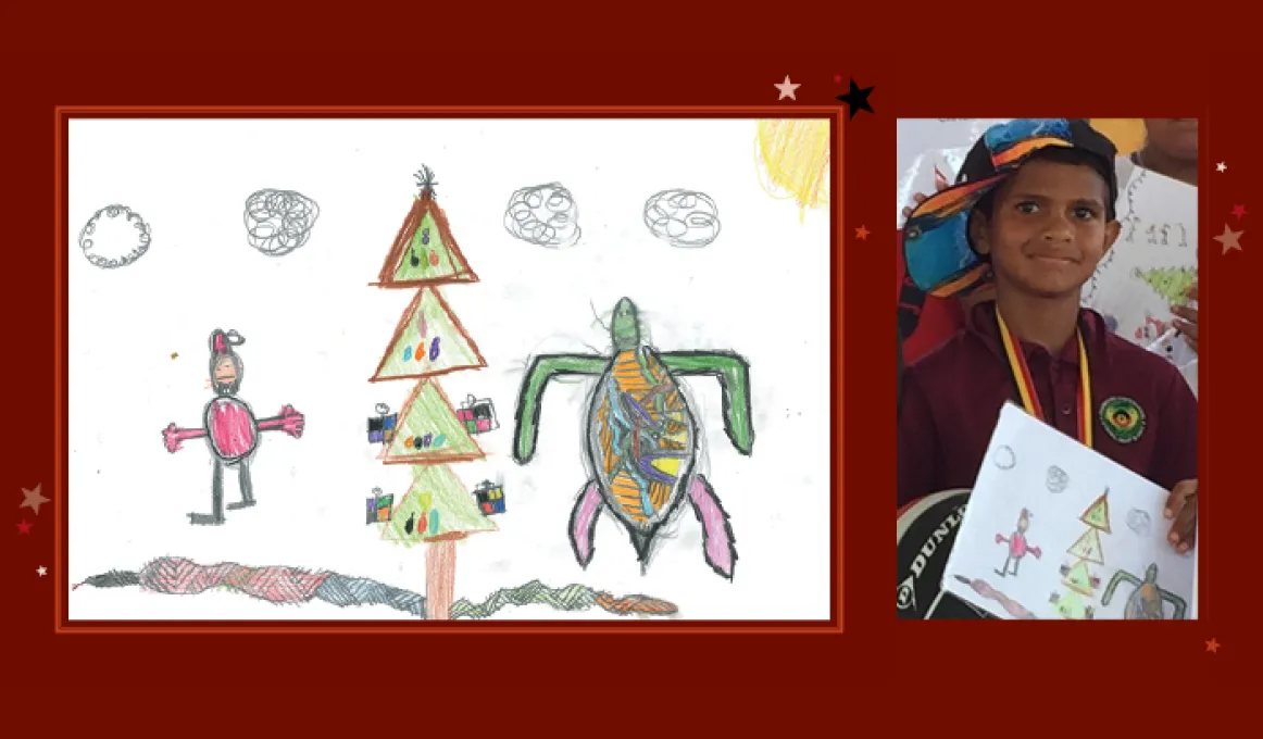 Two images side by side. At left is a hand drawn collection of images: person, Christmas tree, turtle and snake below. At right is a photo of a young boy holding the same drawing. He wears a maroon shirt and wears a cap on his head.