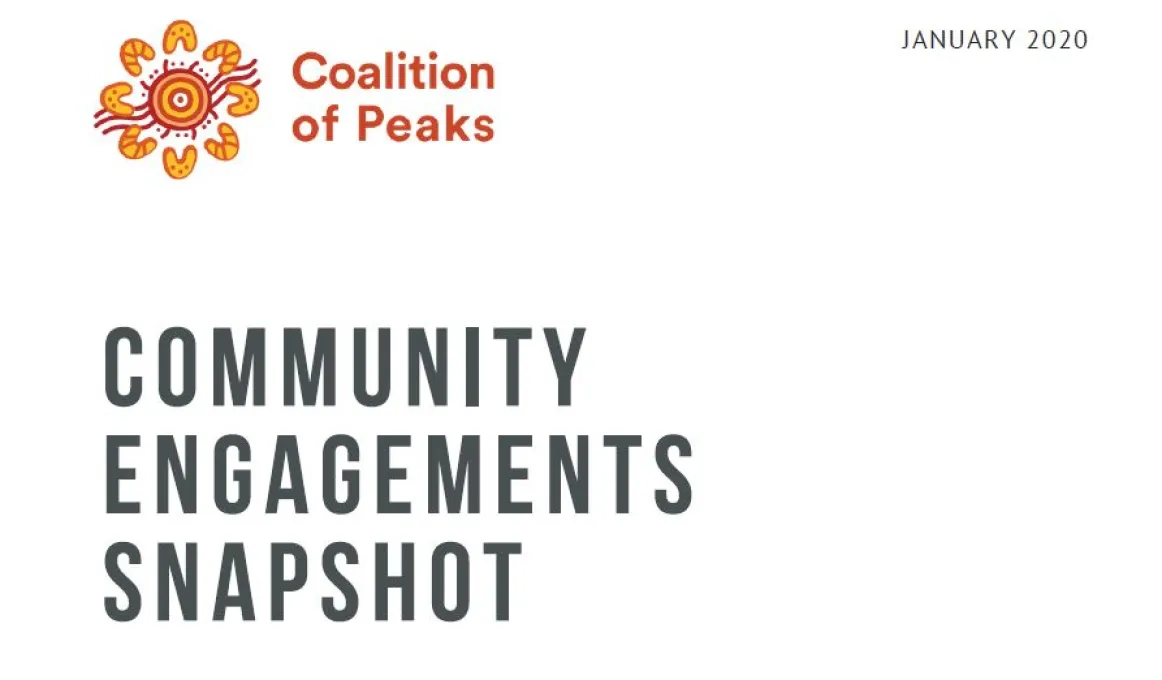 Dark grey text of the words "Community Engagement Snapshot" on a white background with a red and yellow logo with the words Coalition of Peaks logo written in the top left hand corner. In the top right hand corner is written January 2020.