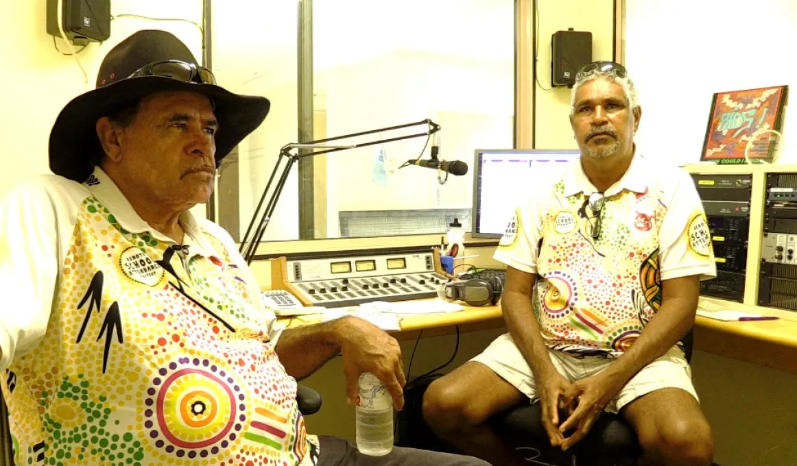 Two Indigenous men in a radio studio.