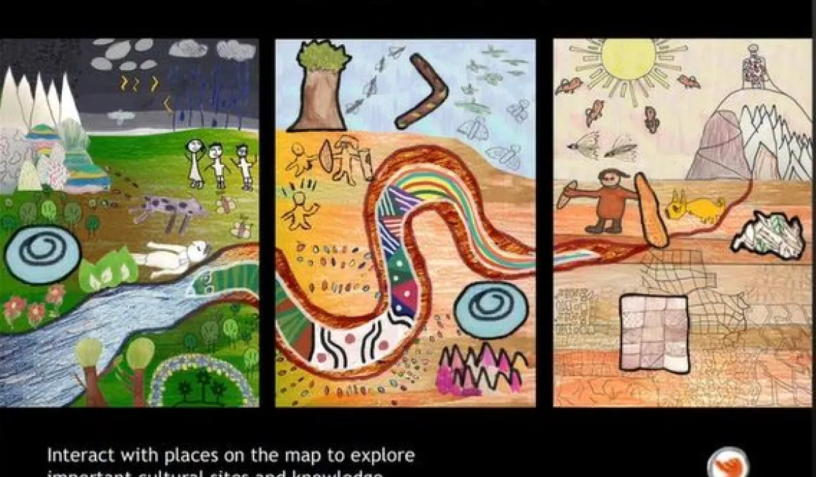 Three panels featuring different drawn images of landscapes. Top and bottom are black panels with the words Bangerang Woka (Land) at top and Interact with places on the map to explore important cultural sites and knowledge at bottom.