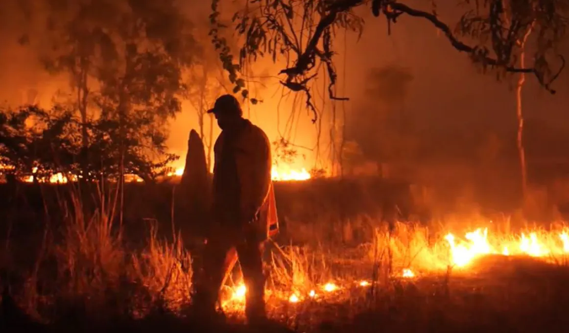 A ranger in protective work wear walks ahead of a line of fire he has begun in long grass at night. In the background is another line of fire, some trees and a termite mound.