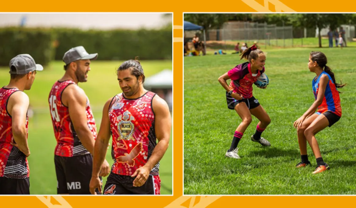 The first image shows 3 adult male footballers on a grassy oval on a sunny day. One is facing the camera, the others are facing away from the camera.The second image is an action shot of 2 girls of late primary school age on a grassy oval playing football