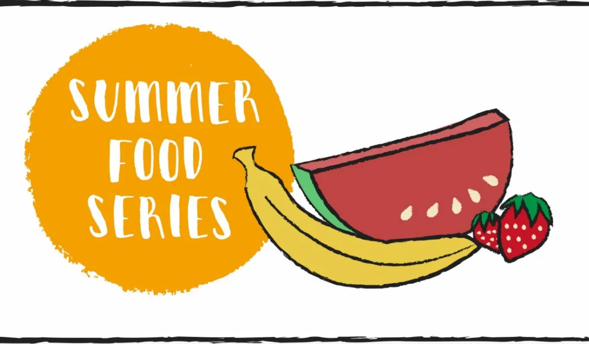 White background with orange circle with “Summer Food Series” written in the middle. To the right half a watermelon, two strawberries and one banana.