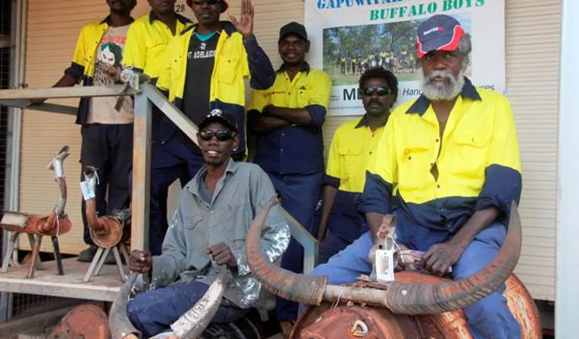 The Buffalo Boys of Gapuwiyak are an RJCP work crew that are learning valuable welding and metalwork skills creating metal sculptures of animals. The sculptures are proving a hit, with customers lining up to buy them.