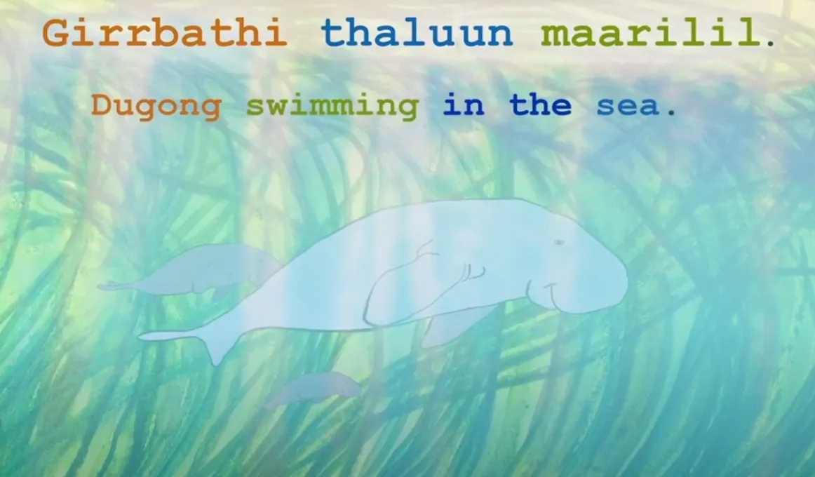 An animated image of 3 dugongs swimming amongst sea grasses. Above them are the words: Girrbathi thaluun maarilil. Dugong swimming in the sea.