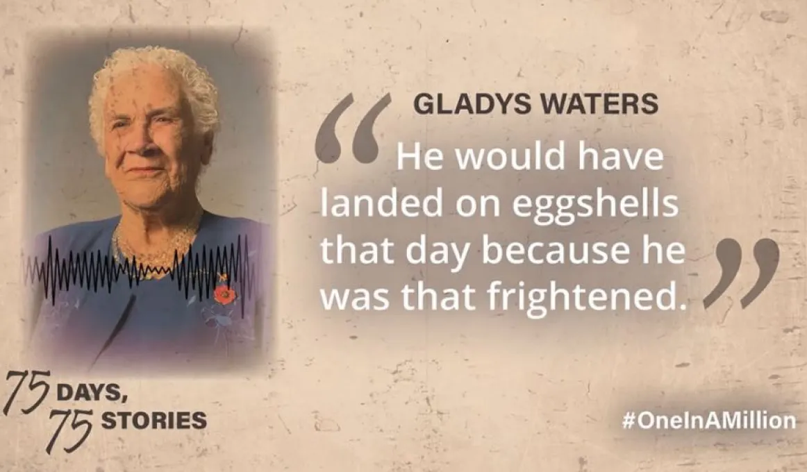 At left is head and shoulders shot of an elderly woman in blue jacket and top. At right are the words Gladys Waters. He would have landed on eggshells that day because he was that frightened. 75 Days, 75 Stories. #OneInAMillion