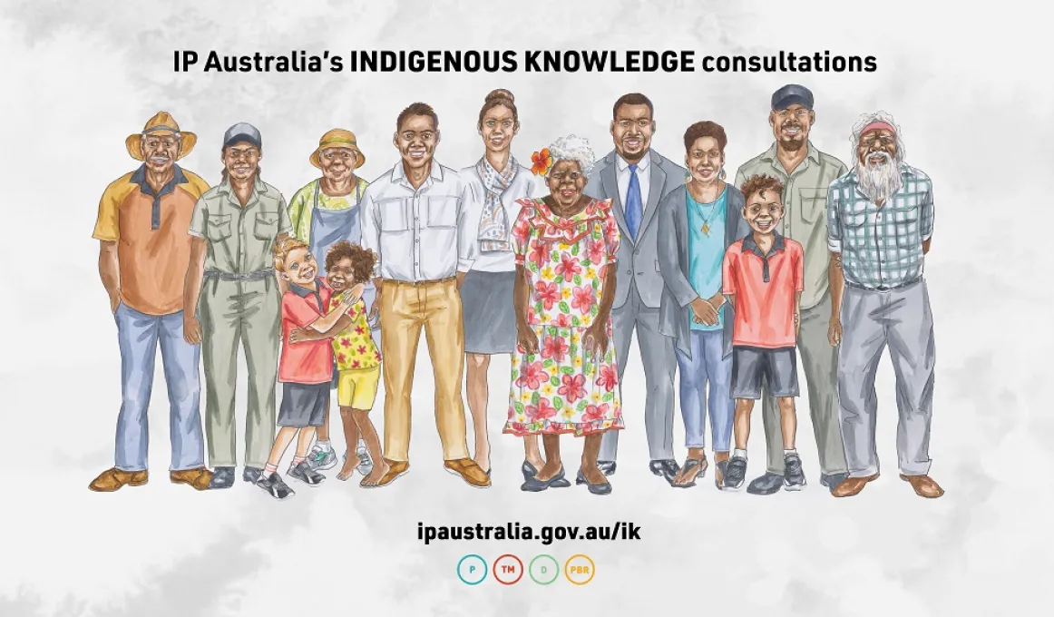 An illustration of Aboriginal and Torres Strait Islander people. Words: I P Australia’s Indigenous Knowledge consultations. Website: ipaustralia.gov.au/ik