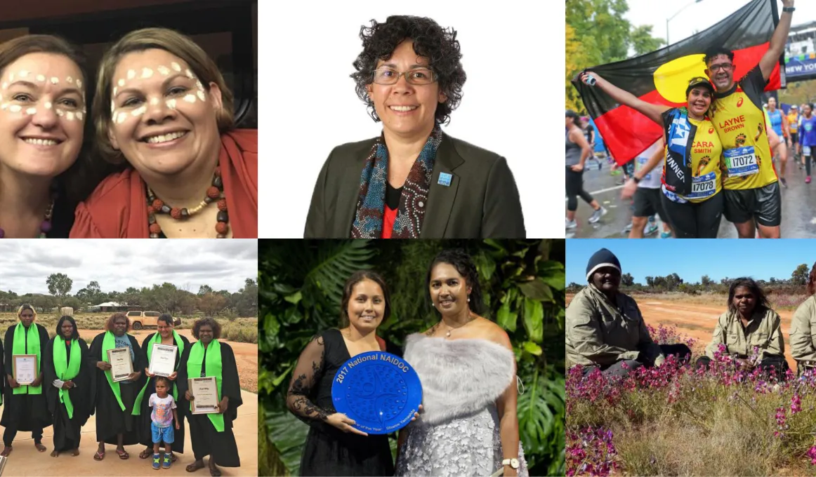 Six photos in a montage. Starting top left: 2 women with traditional face paint, woman in dark jacket wearing glasses, woman and man standing on street holding Aboriginal flag behind them, group of women in graduation gowns and holding certificates