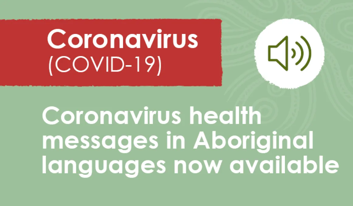 A green tile with an image of a speaker at top right. At top left is a red panel with the words Coronavirus (COVID-19). At the bottom are the words: Coronavirus health messages in Aboriginal languages now available