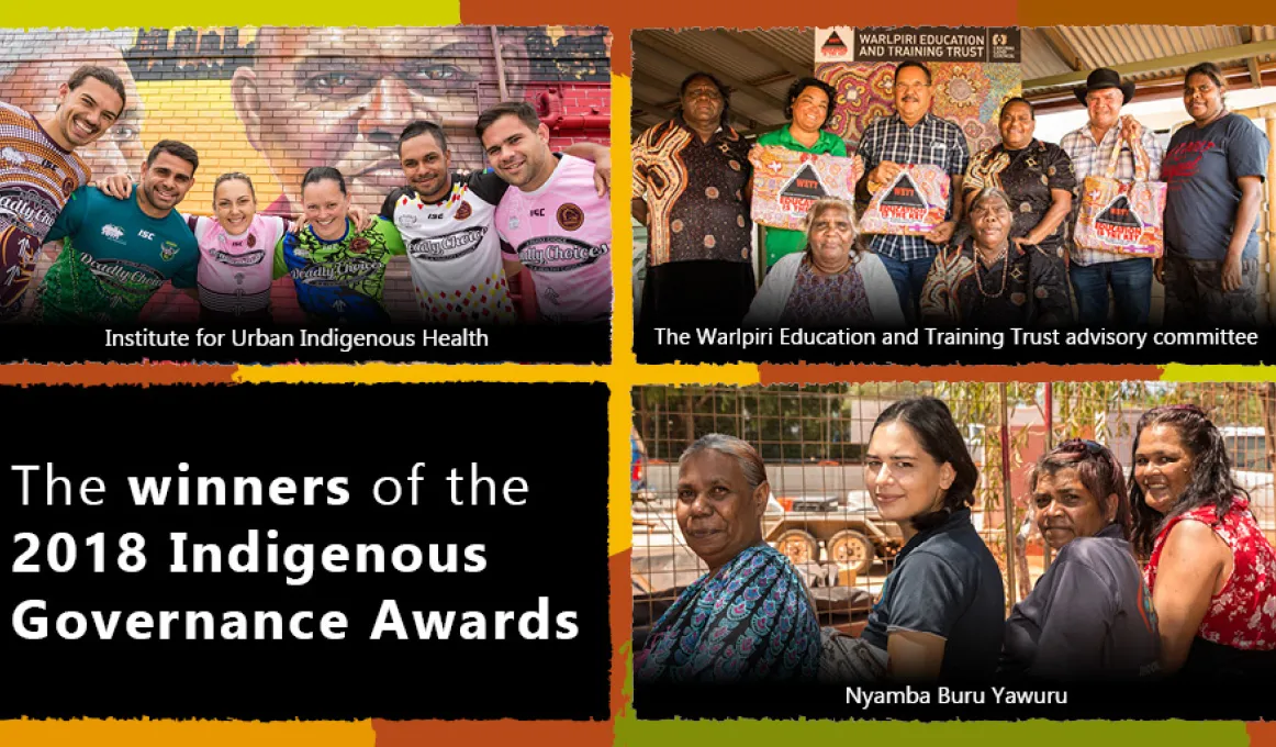 Three images featuring Aboriginal and Torres Strait Islander people dressed in different clothing and in different settings. Another image features the following words only: The winners of the 2018 Indigenous Governance Awards. Other images feature words: