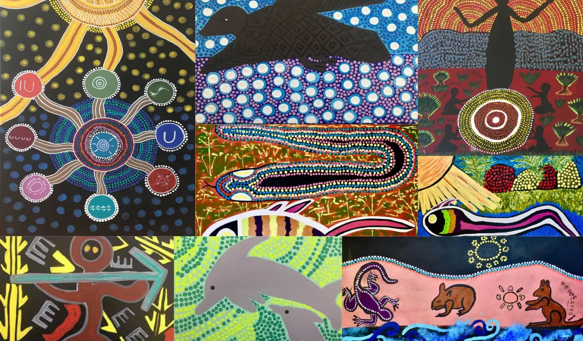 Collage of paintings featuring Aboriginal designs in multiples colours.