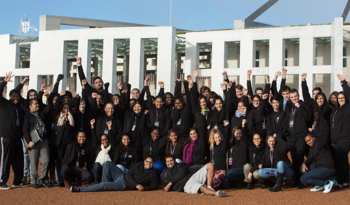 Many Indigenous youth in front of Parliament House