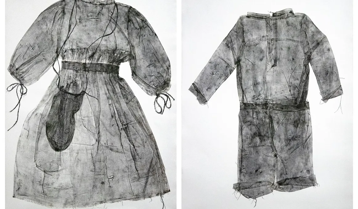 Two life-size prints in separate frames side by side. At left is the image of a uniform dress with pull string sleeves and a dillybag hanging about the neck. At right is an image of a long sleeve collarless shirt matched with shorts.