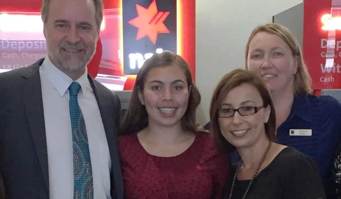 Minister for Indigenous Affairs, Nigel Scullion, with trainee Lakota Coleman, Lakota’s manager Hanan Etri, and Regional Operations Manager Allison Baker at NAB Parramatta.