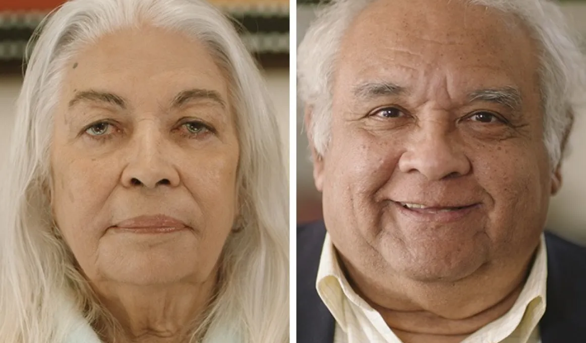 Two closeup images side by side: at left is an elderly woman with long white hair and at right, an elderly man with white hair and wearing a white shirt and dark jacket.