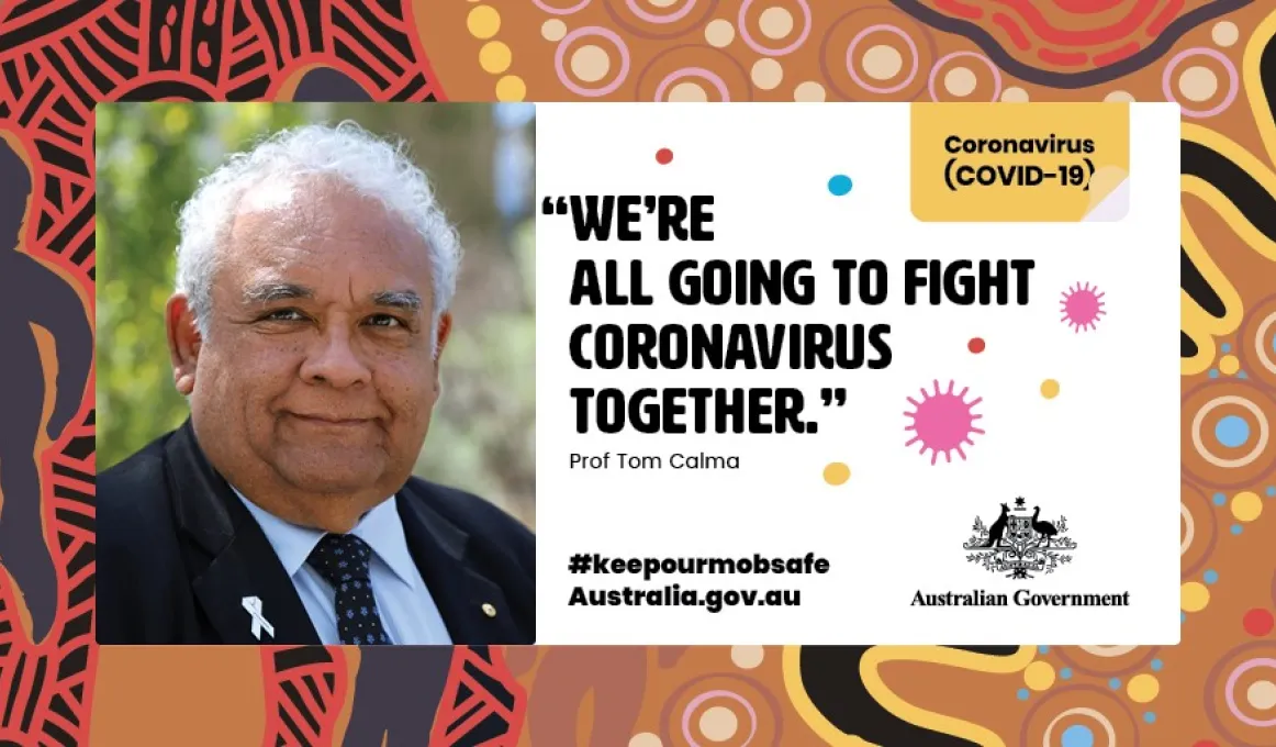 Two images with one overlaid on the other. The background is colourful with tradtional Indigenous design. On top of that is a white image featuring an elderly Indigenous man at left and to his right the following words We're all going to fight coronavirus