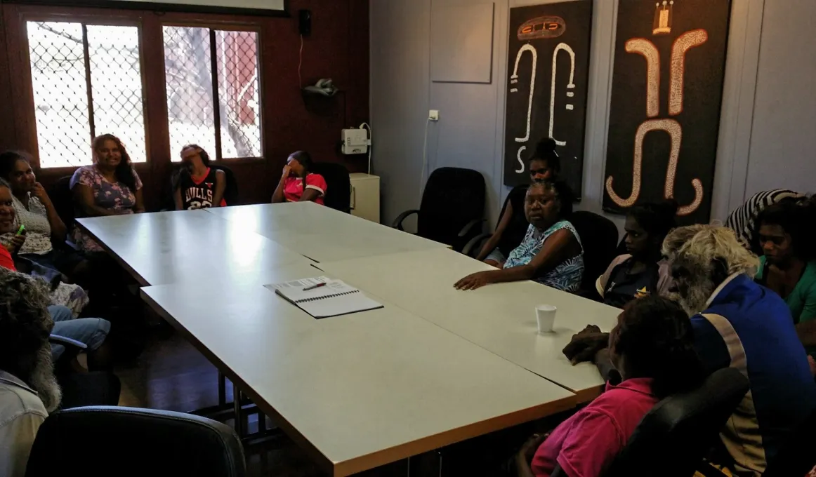 A group of Indigenous people sitting round a table in a meeting room with Indigenous art on the walls and window at one end.