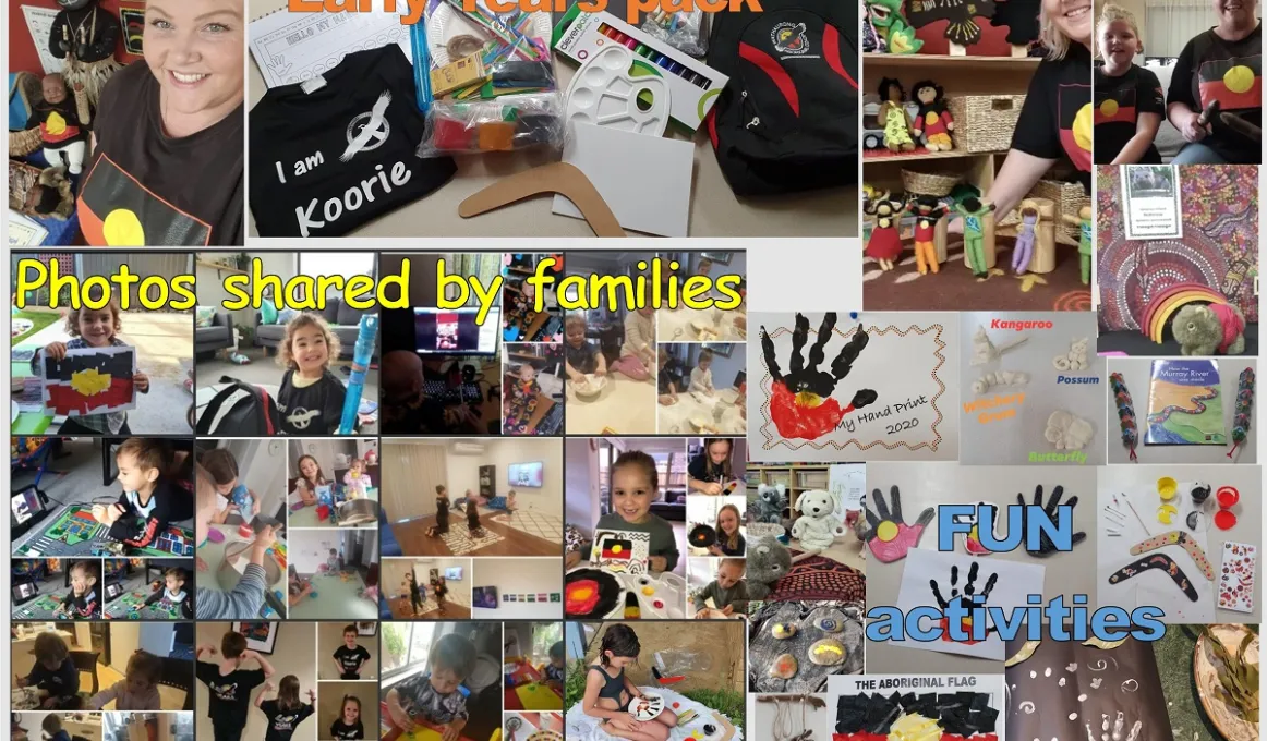 Composite image of many photos of children and a woman in various rooms engaging in various activities. Photos also feature paintings and craft. Text includes early years pack and photos shared by families.