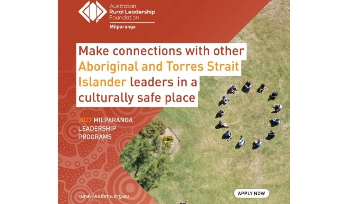 Ochre coloured tile at left with image of people sitting on grass at right. Text includes Make connections with other Aboriginal and Torres Strait Islander leaders in a culturally safe place. 2022 Milpara Leadership Programs. Apply now.