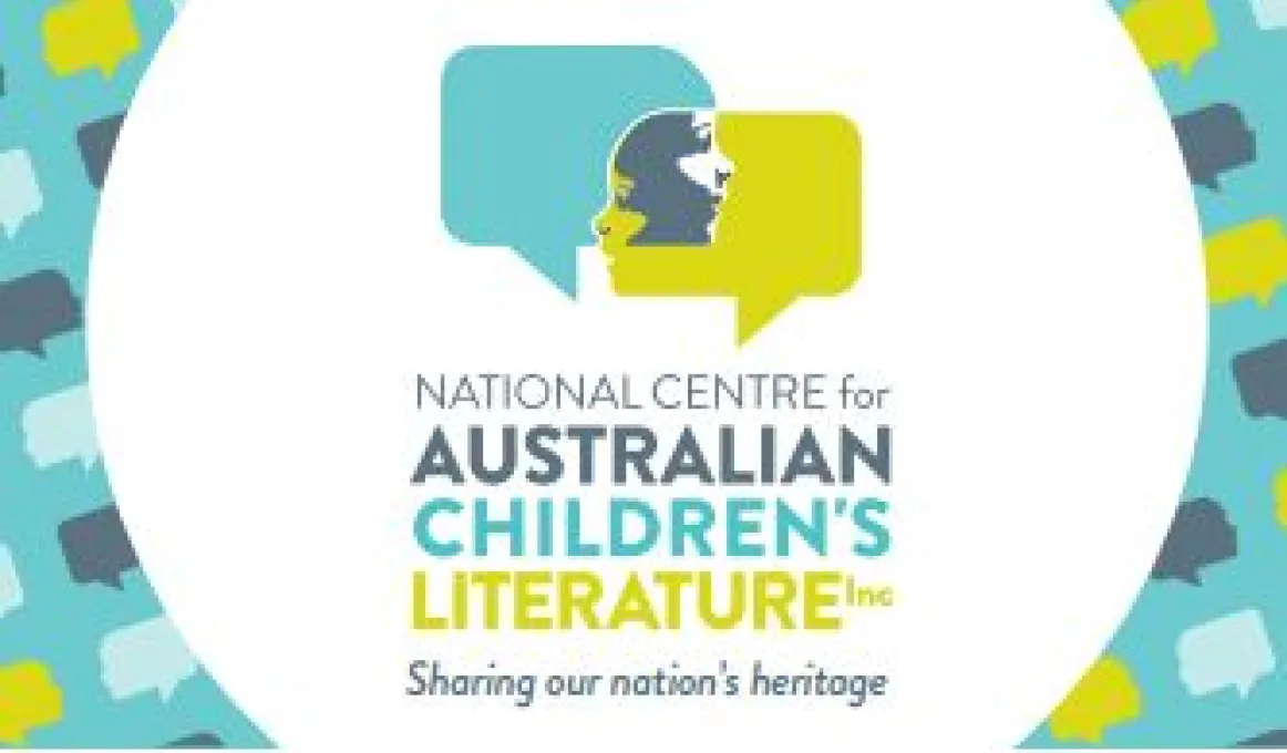 White circular tile with a green and yellow logo incorporating a face. Below are the words: National Centre for Australian Children's Literature. Sharing our nation's heritage.