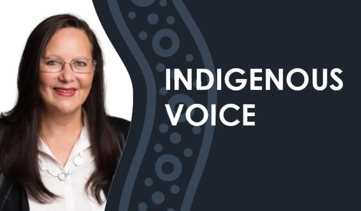 Words 'Indigenous Voice' appear on a dark grey background with wavy blue, black and white lines with dots and circles. At left side there is an image of woman with long black hair, glasses and wearing a white shirt and black jacket