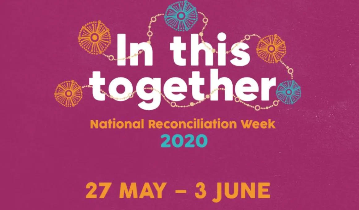 The words In This Together National Reconcilitation Week 2020 27 May dash 3 June appear on a purple background with orange and blue circles linked with a brown chain.