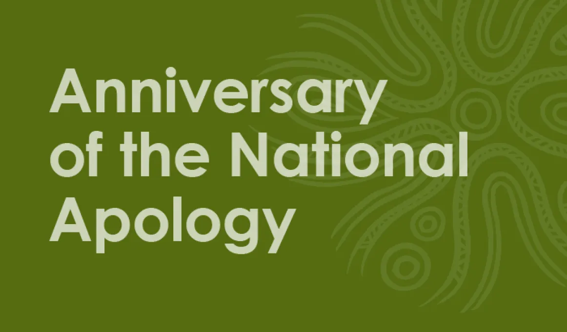 Green tile featuring the words Anniversary of the National Apology.