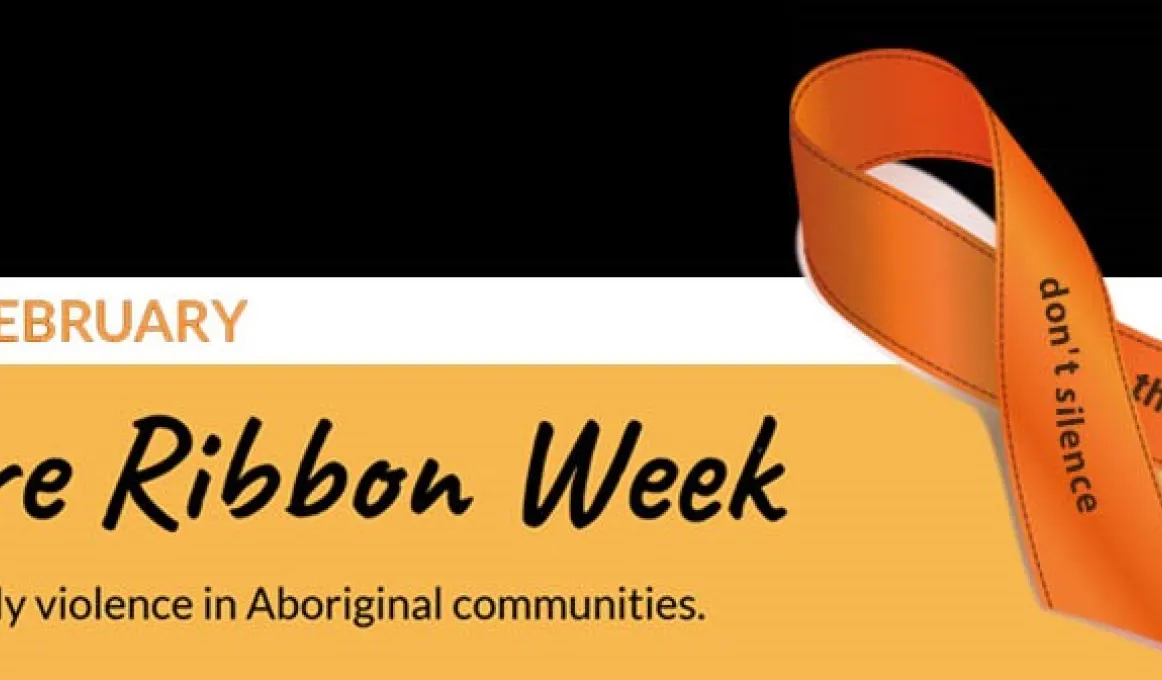 An orange ribbon with the words don't silence the violence written on them is placed on an orange and black background that reads 12 to 19 February Ochre Ribbon Week Ending Family violence in Aboriginal communities.