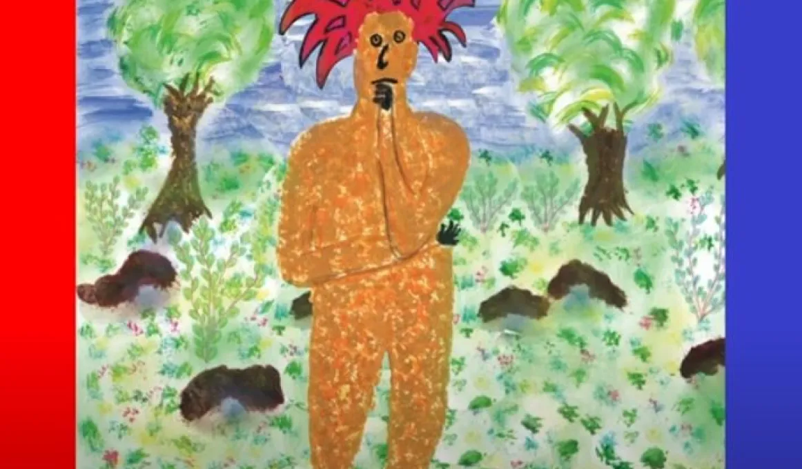 A drawn image of a yellow figure with red spikey hair. In the background is blue sky, trees, rocks and green grass.