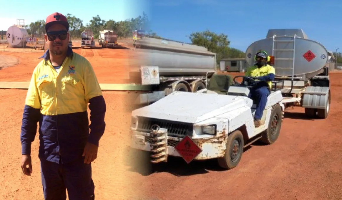 On the left: Indigenous man dressed in workwear stands in front of fuel trucks and fuel tank. On the right: Indigenous man dressed in workwear drives a white fuel trailer past a fuel truck.