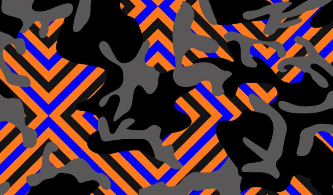 Grey and black smooth shapes on a background of orange, blue and black pattern of concentric squares.