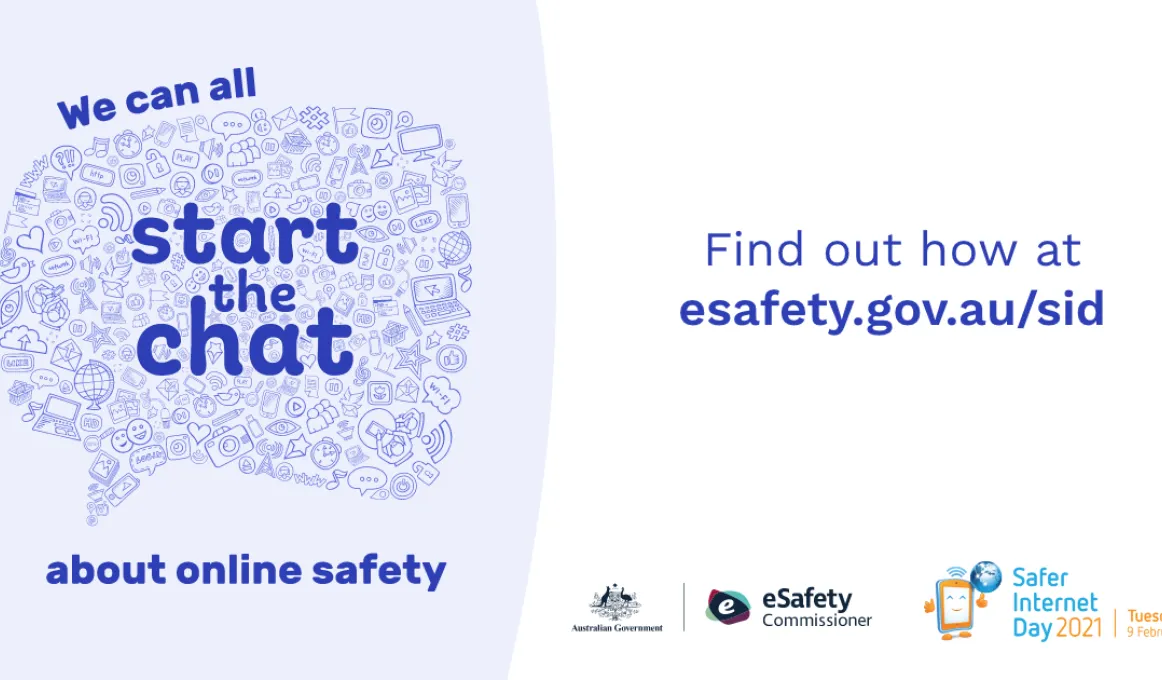 Two pane image. Words at left: We can all start the chat about online safety. At right are the words: Find out how at esafety.gov.au/sid. Different logos at the bottom.