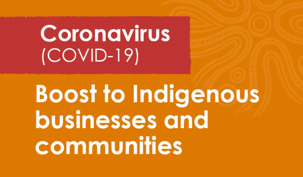 Orange tile with the words Boost to indigenous businesses and communities at the base. Above in a red panel are the words coronavirus (COVID-19).