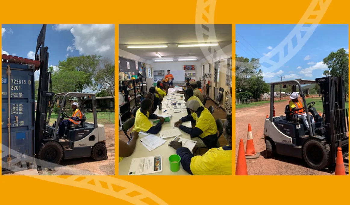 Three images. At left: man on forklift adjusts pallet on a shipping container. Middle: students sit at a table with papers on it. Right: man in forklift drives past orange traffic cones. In the background is dirt road, grass and a building.